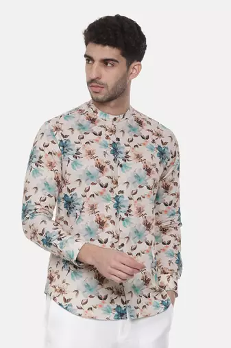 Blue Brown Floral Linen Shirt