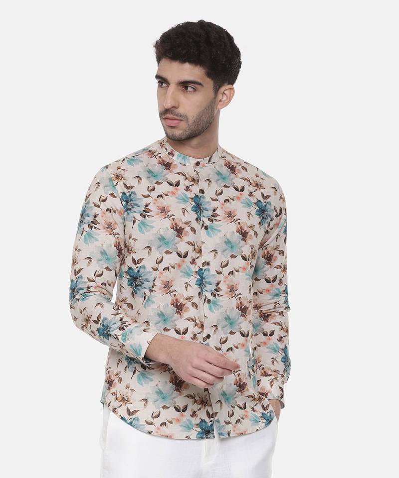 Blue Brown Floral Linen Shirt