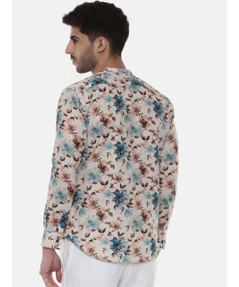 Blue Brown Floral Linen Shirt