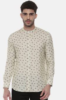 Beige Green Linen Printed Shirt