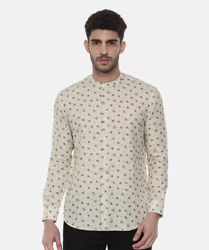 Beige Green Linen Printed Shirt