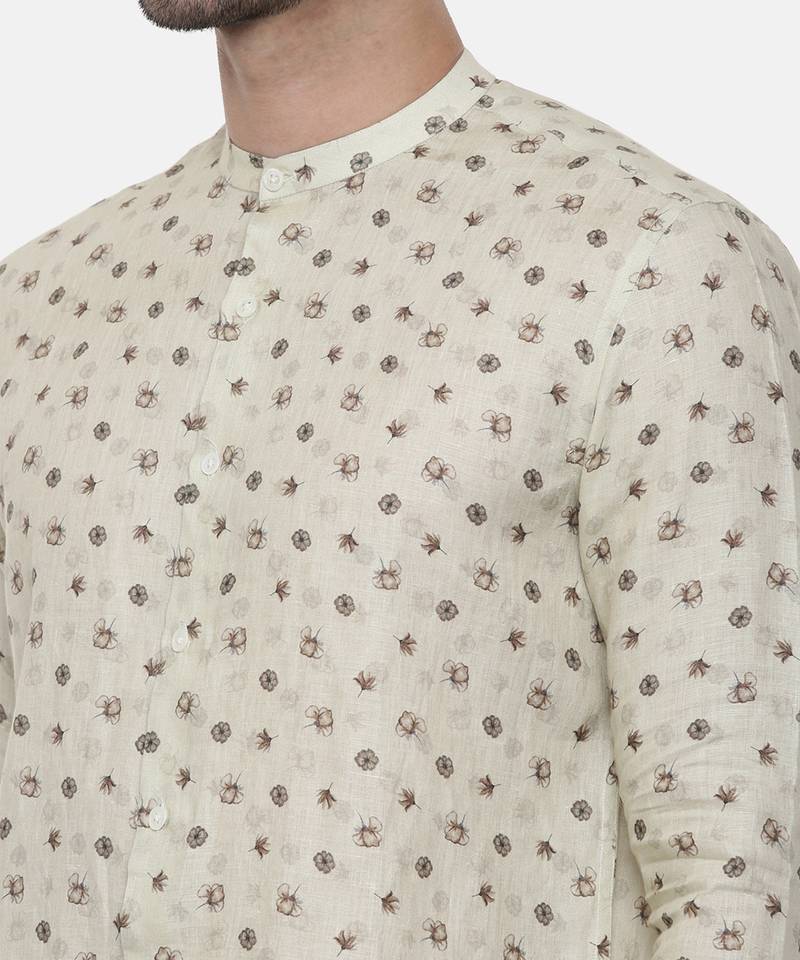 Beige Green Linen Printed Shirt