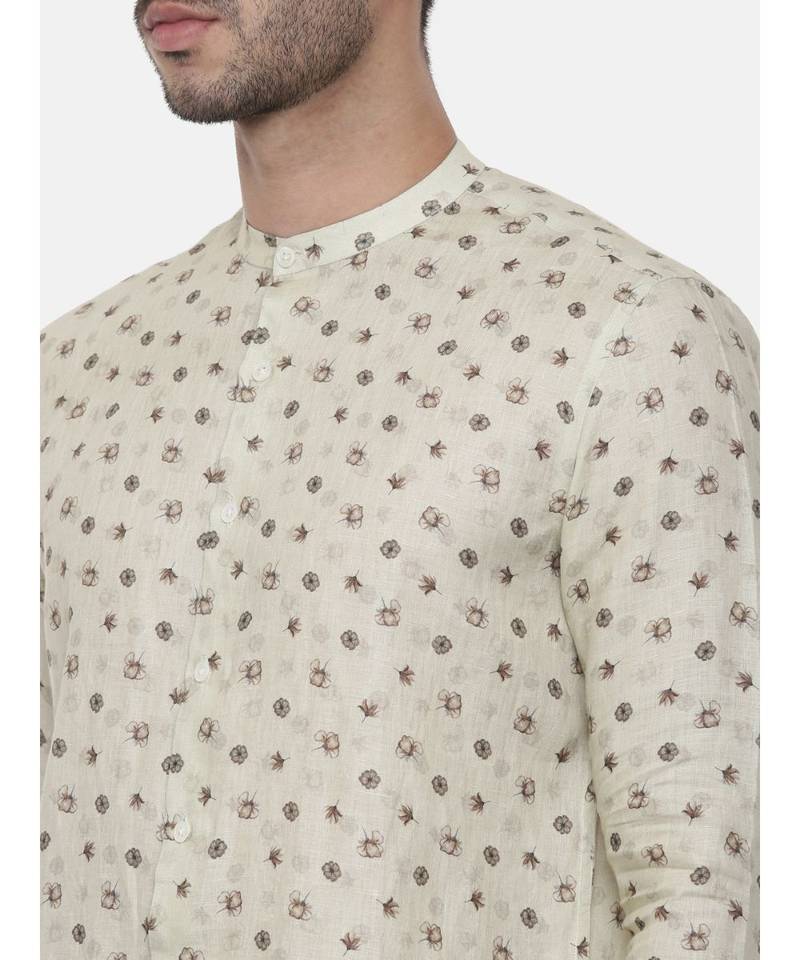 Beige Green Linen Printed Shirt