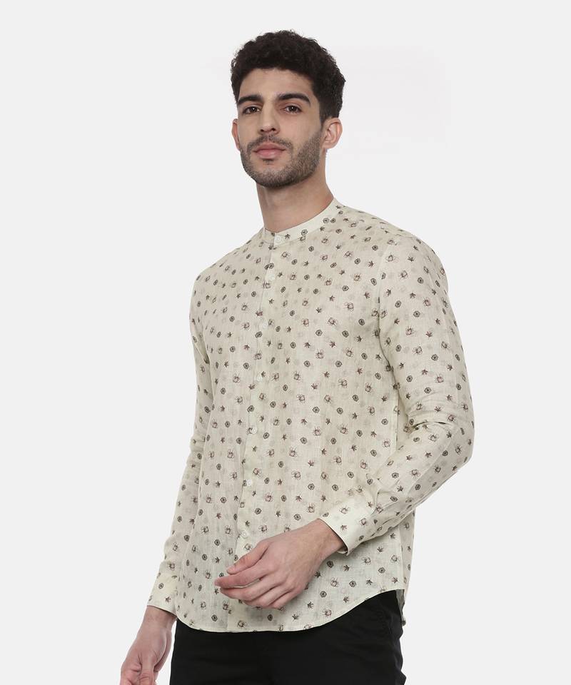 Beige Green Linen Printed Shirt