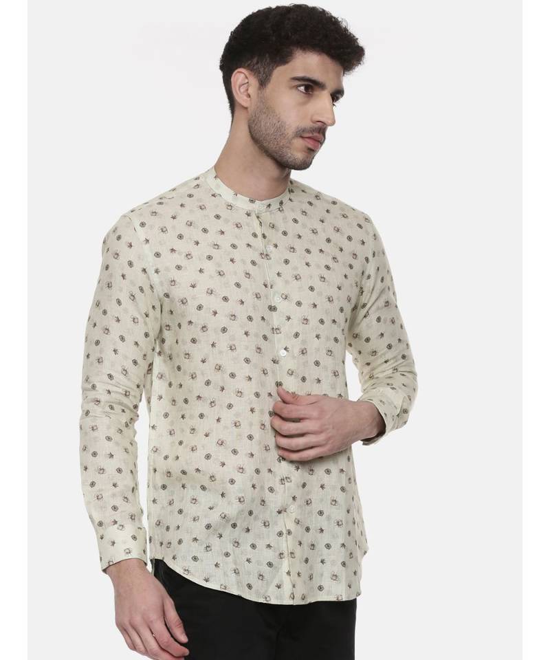 Beige Green Linen Printed Shirt