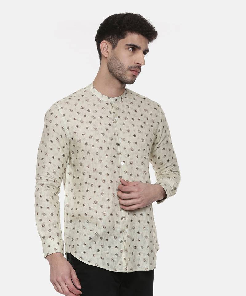 Beige Green Linen Printed Shirt