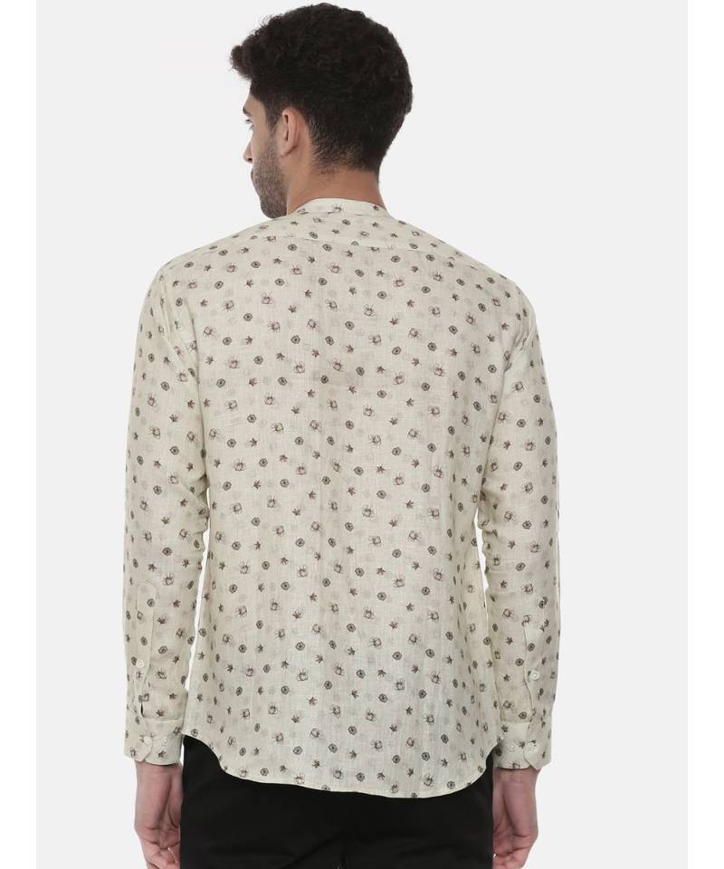 Beige Green Linen Printed Shirt