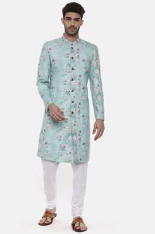 Sea Green Linen Printed Sherwani