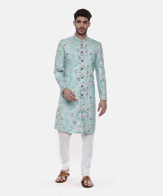 Sea Green Linen Printed Sherwani 1
