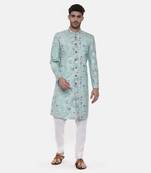 Sea Green Linen Printed Sherwani