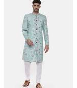 Sea Green Linen Printed Sherwani