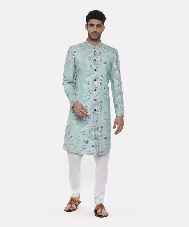 Sea Green Linen Printed Sherwani