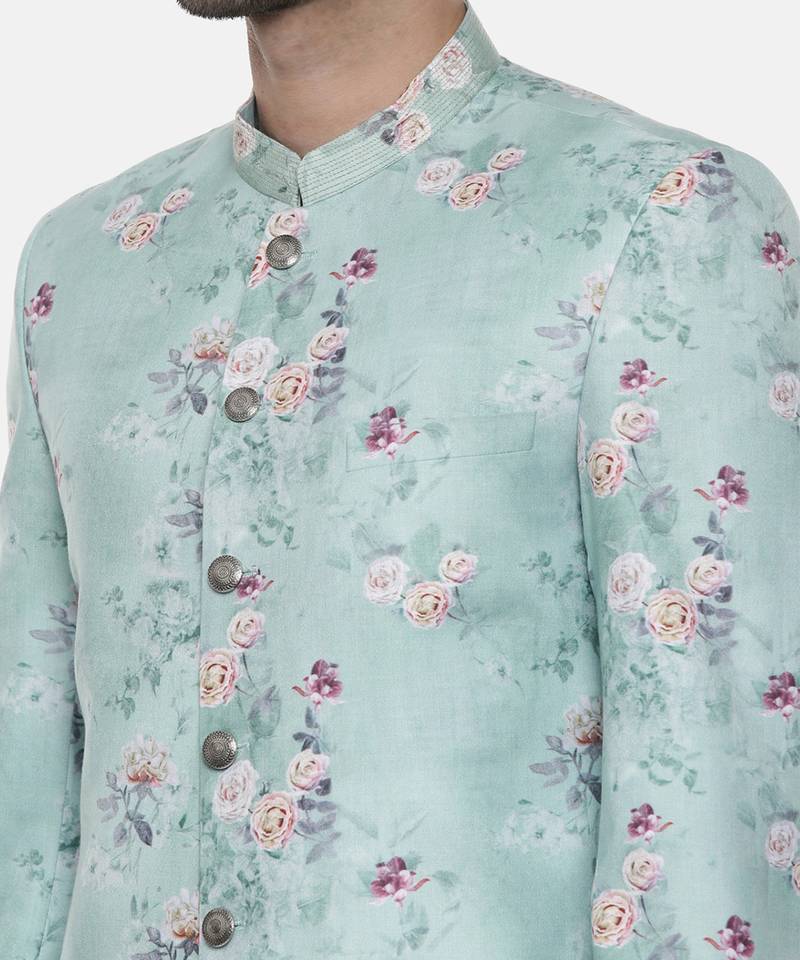 Sea Green Linen Printed Sherwani