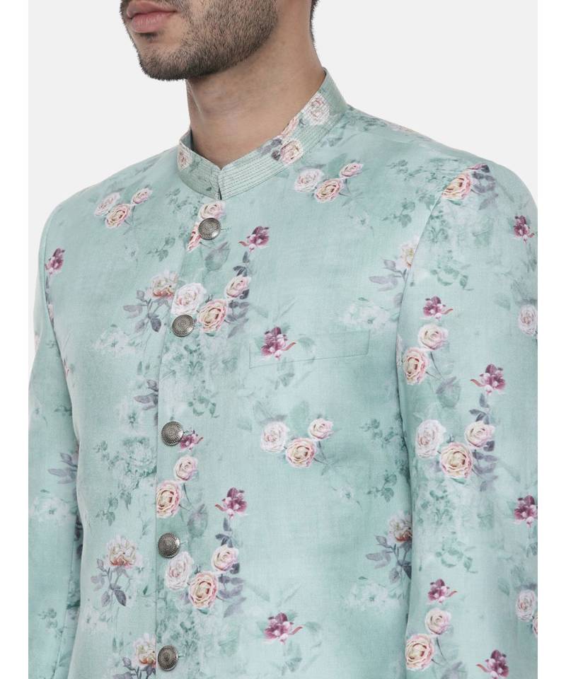 Sea Green Linen Printed Sherwani