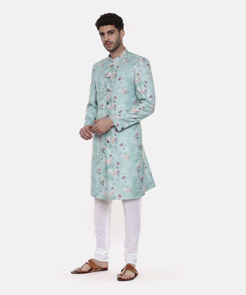 Sea Green Linen Printed Sherwani