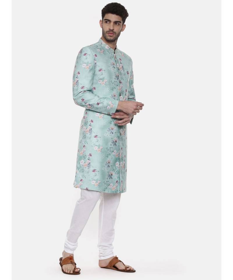 Sea Green Linen Printed Sherwani