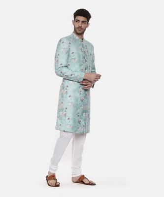 Sea Green Linen Printed Sherwani 4