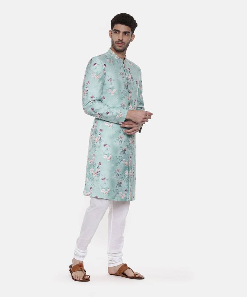 Sea Green Linen Printed Sherwani