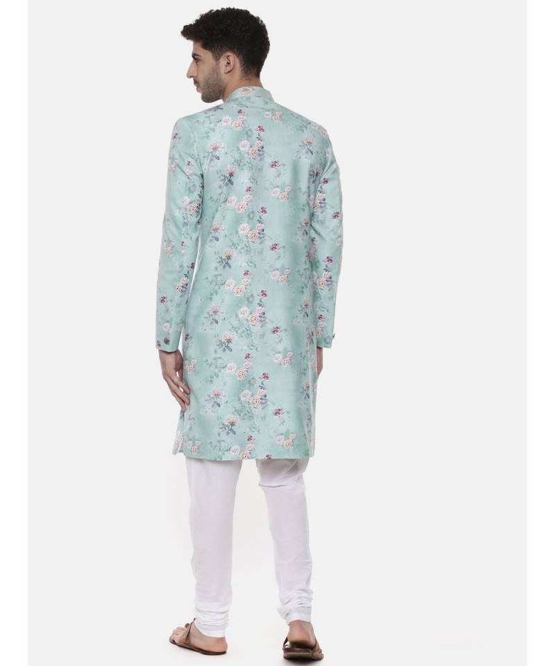 Sea Green Linen Printed Sherwani