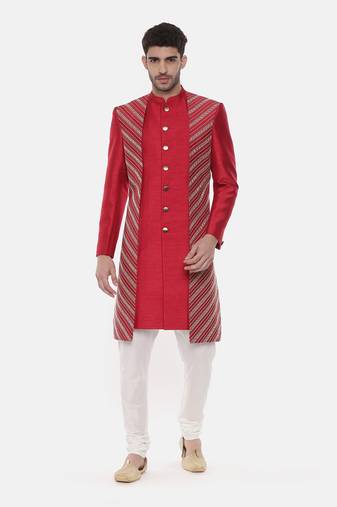 Silk Slub Embroired Red Sherwani