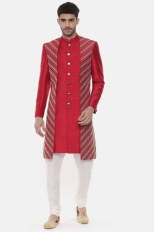 Silk Slub Embroired Red Sherwani
