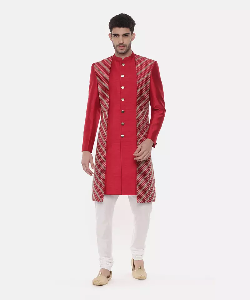 Silk Slub Embroired Red Sherwani