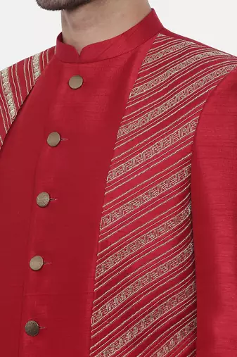 Silk Slub Embroired Red Sherwani