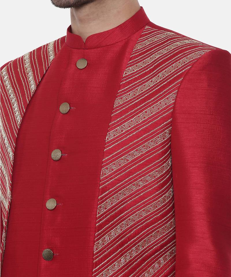 Silk Slub Embroired Red Sherwani