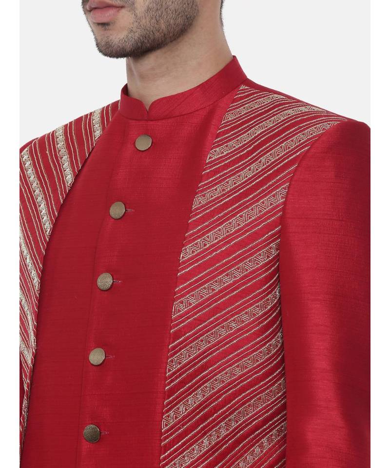 Silk Slub Embroired Red Sherwani