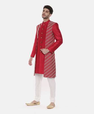 Silk Slub Embroired Red Sherwani 3
