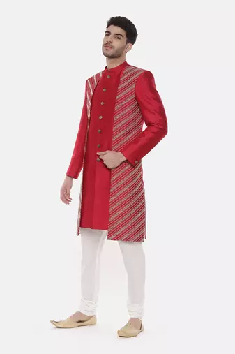 Silk Slub Embroired Red Sherwani