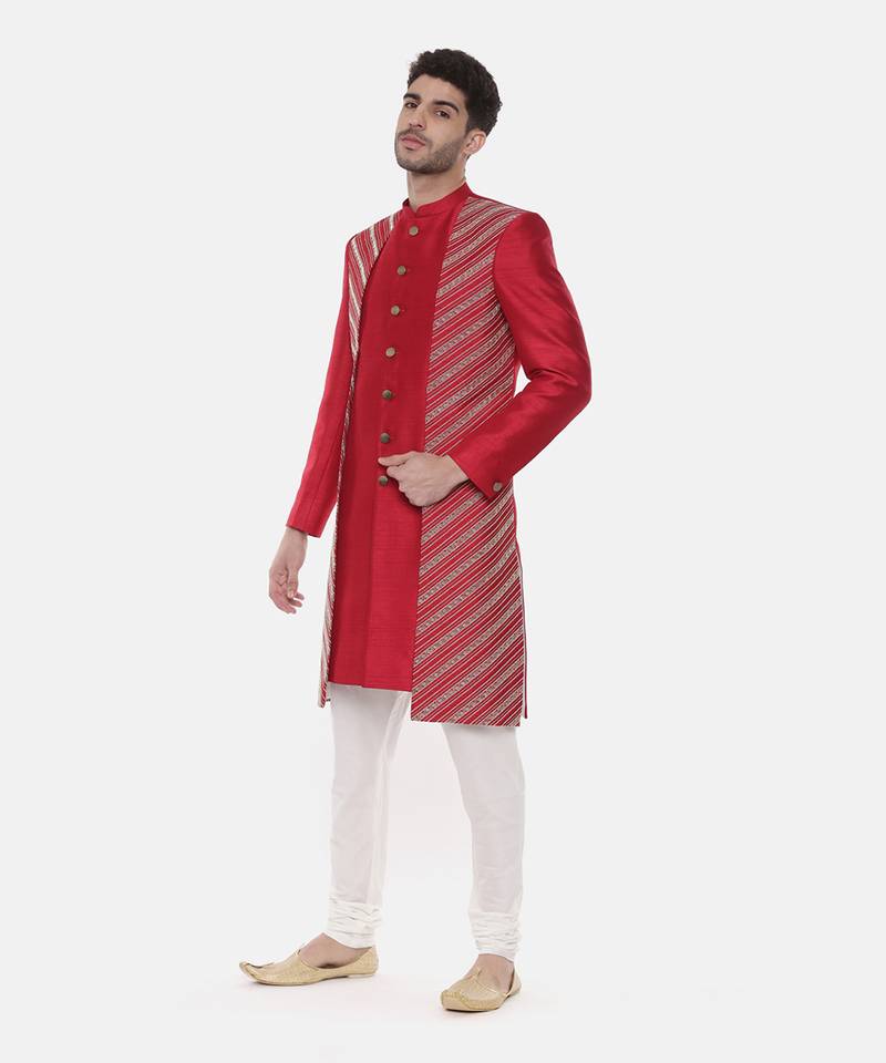 Silk Slub Embroired Red Sherwani