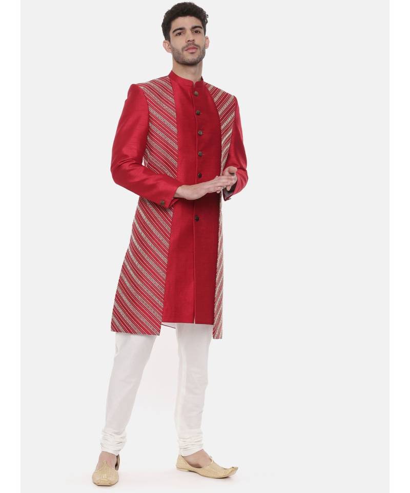 Silk Slub Embroired Red Sherwani