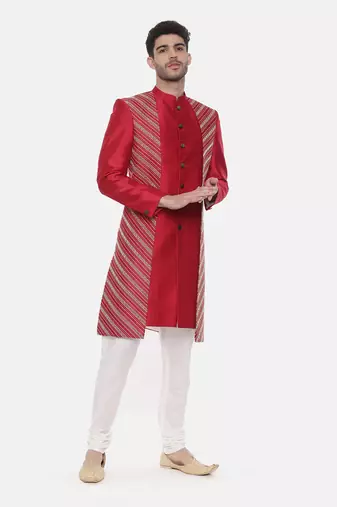Silk Slub Embroired Red Sherwani