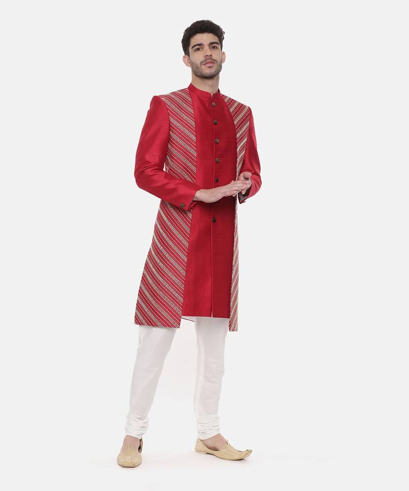 Silk Slub Embroired Red Sherwani