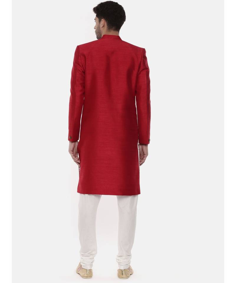 Silk Slub Embroired Red Sherwani