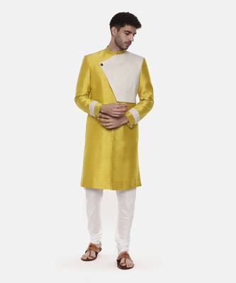 Classic Yellow Silk Slub Sherwani 1
