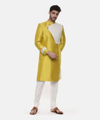 Classic Yellow Silk Slub Sherwani 4