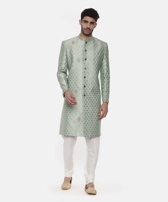Classic Banares Jaquard Green Sherwani 1