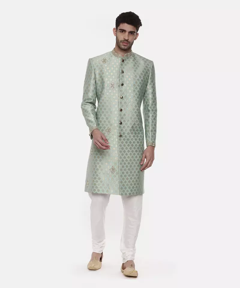 Classic Banares Jaquard Green Sherwani