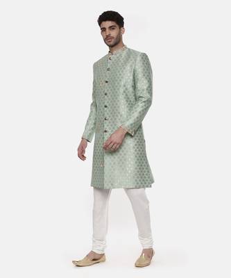 Classic Banares Jaquard Green Sherwani 3