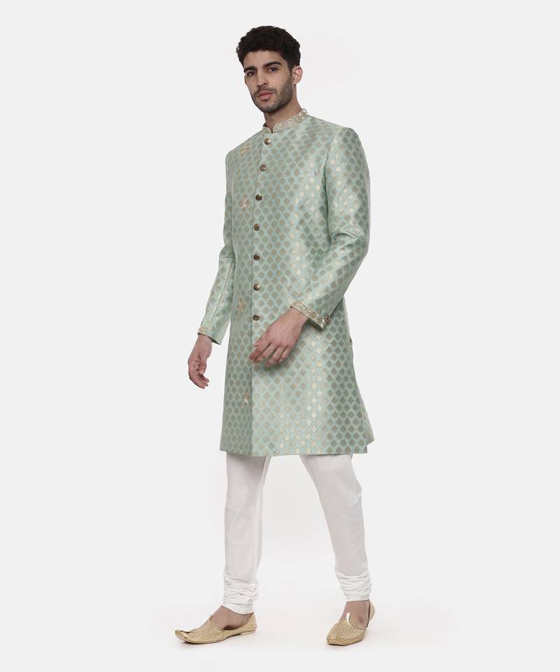 Classic Banares Jaquard Green Sherwani