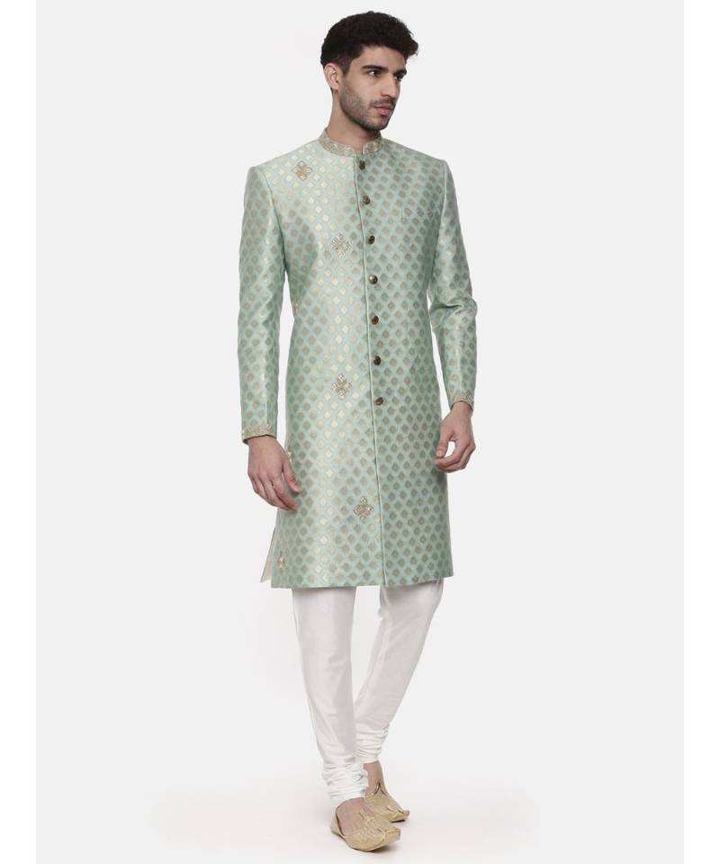 Classic Banares Jaquard Green Sherwani