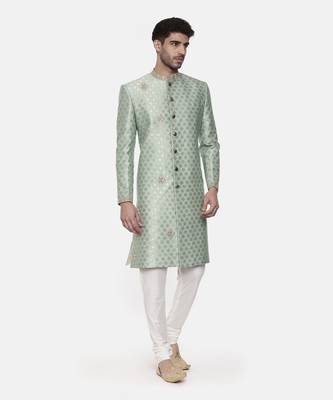 Classic Banares Jaquard Green Sherwani 4