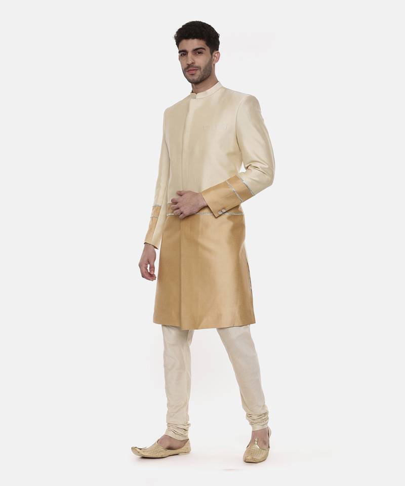 Gold Beige Silk Sherwani