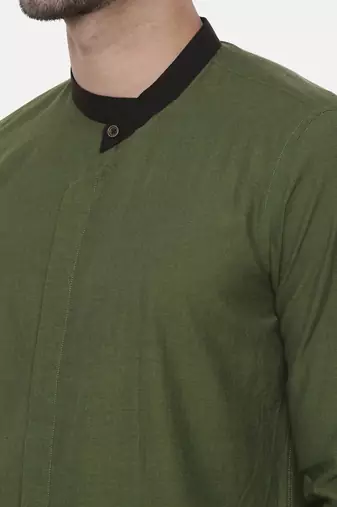 green malai cotton short kurta with contrast black collar. pair with denims or linen pants.