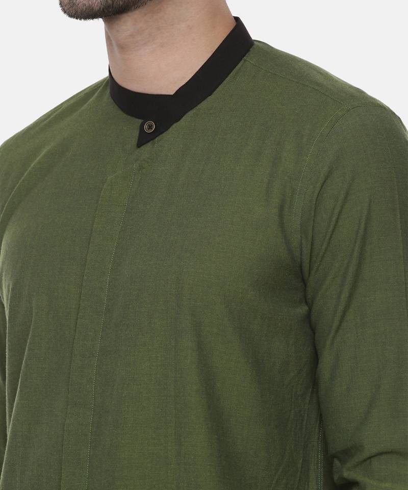 green malai cotton short kurta with contrast black collar. pair with denims or linen pants.
