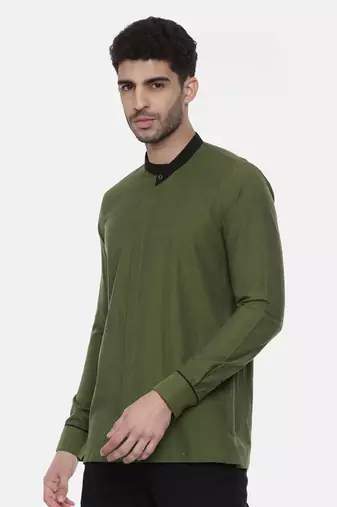 green malai cotton short kurta with contrast black collar. pair with denims or linen pants.