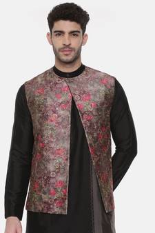 Rust Pink Printed Open Silk Jacket