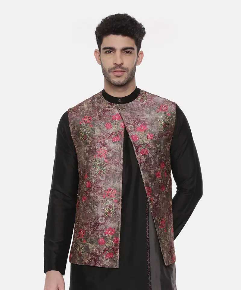 Rust Pink Printed Open Silk Jacket